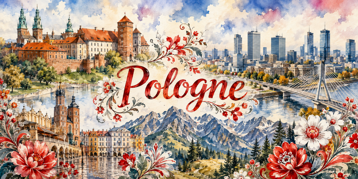 Aquarelle de la Pologne : le nom en calligraphie rouge entouré de motifs floraux traditionnels, le château royal de Cracovie et sa colline à gauche, la halle aux draps et l'église gothique de la grand-place, les immeubles modernes et un pont sur la Vistule à droite, les montagnes des Tatras au centre et de grandes fleurs peintes au premier plan