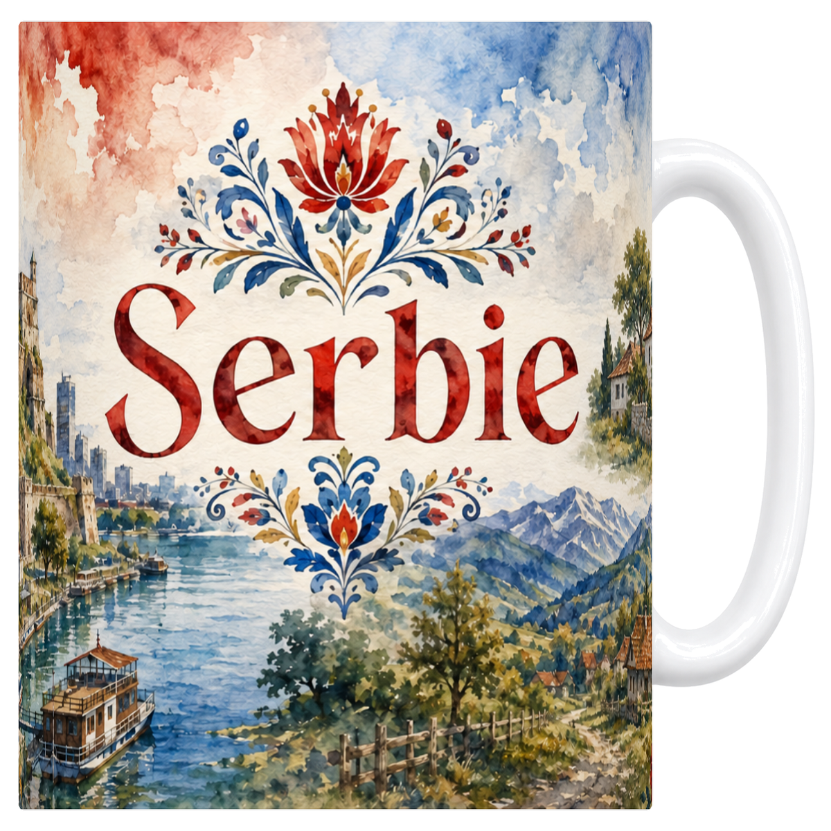 Mug blanc en céramique 330 ml illustré d'une aquarelle de la Serbie