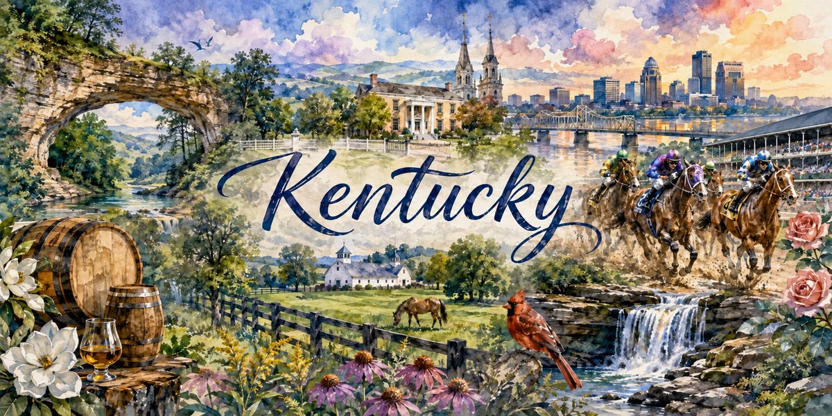 Panorama du Kentucky à l'aquarelle : le nom Kentucky en calligraphie bleue, une arche de pierre naturelle au-dessus d'une rivière à gauche, des tonneaux de chêne et un verre ambré au premier plan, un haras et ses barrières blanches au centre, des chevaux de course lancés devant une tribune à droite