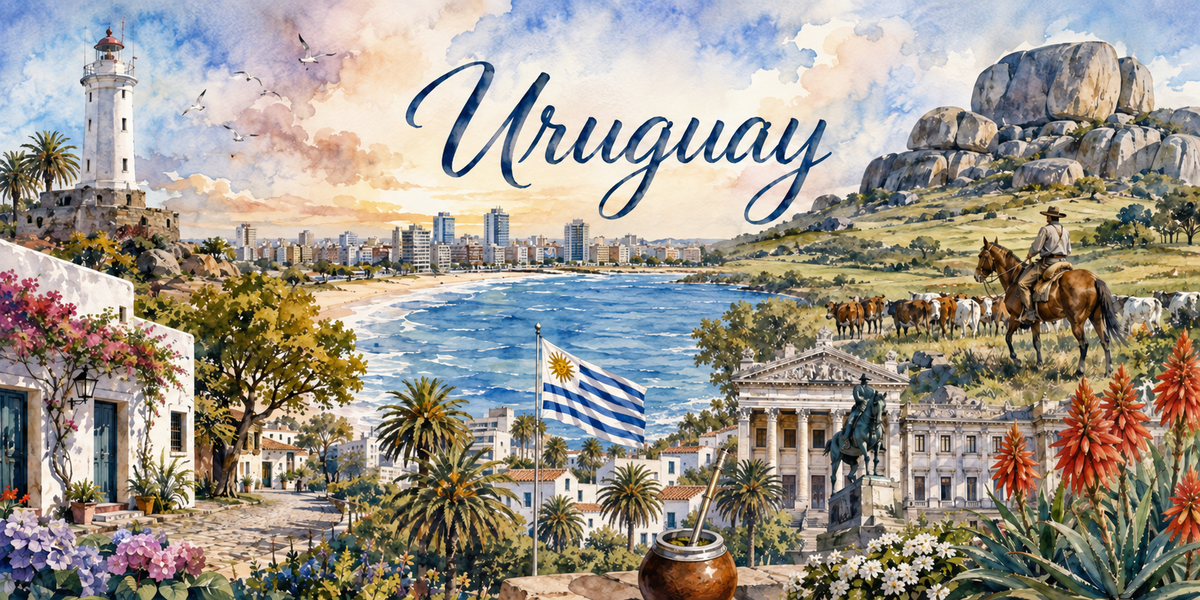 Aquarelle de l'Uruguay : le nom en calligraphie bleue, un phare et une rue de maisons blanches à gauche, la baie et la ligne d'immeubles du front de mer au centre, le drapeau uruguayen, un palais à colonnes et une statue équestre, une calebasse à maté, un gaucho à cheval et son troupeau à droite, des rochers, des palmiers et des fleurs