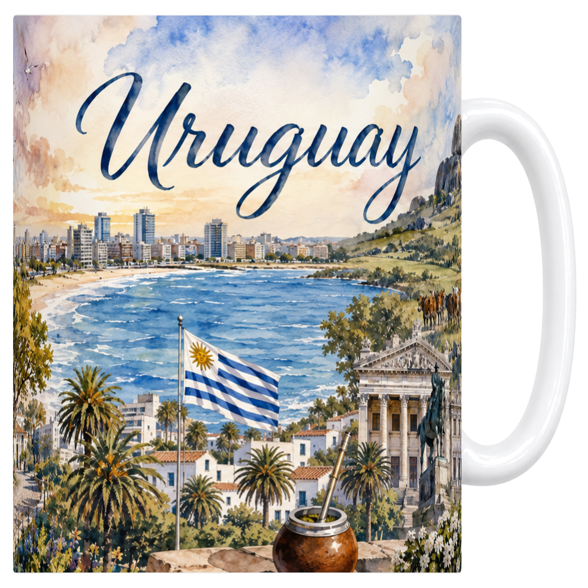 Mug blanc en céramique 330 ml illustré d'une aquarelle de l'Uruguay