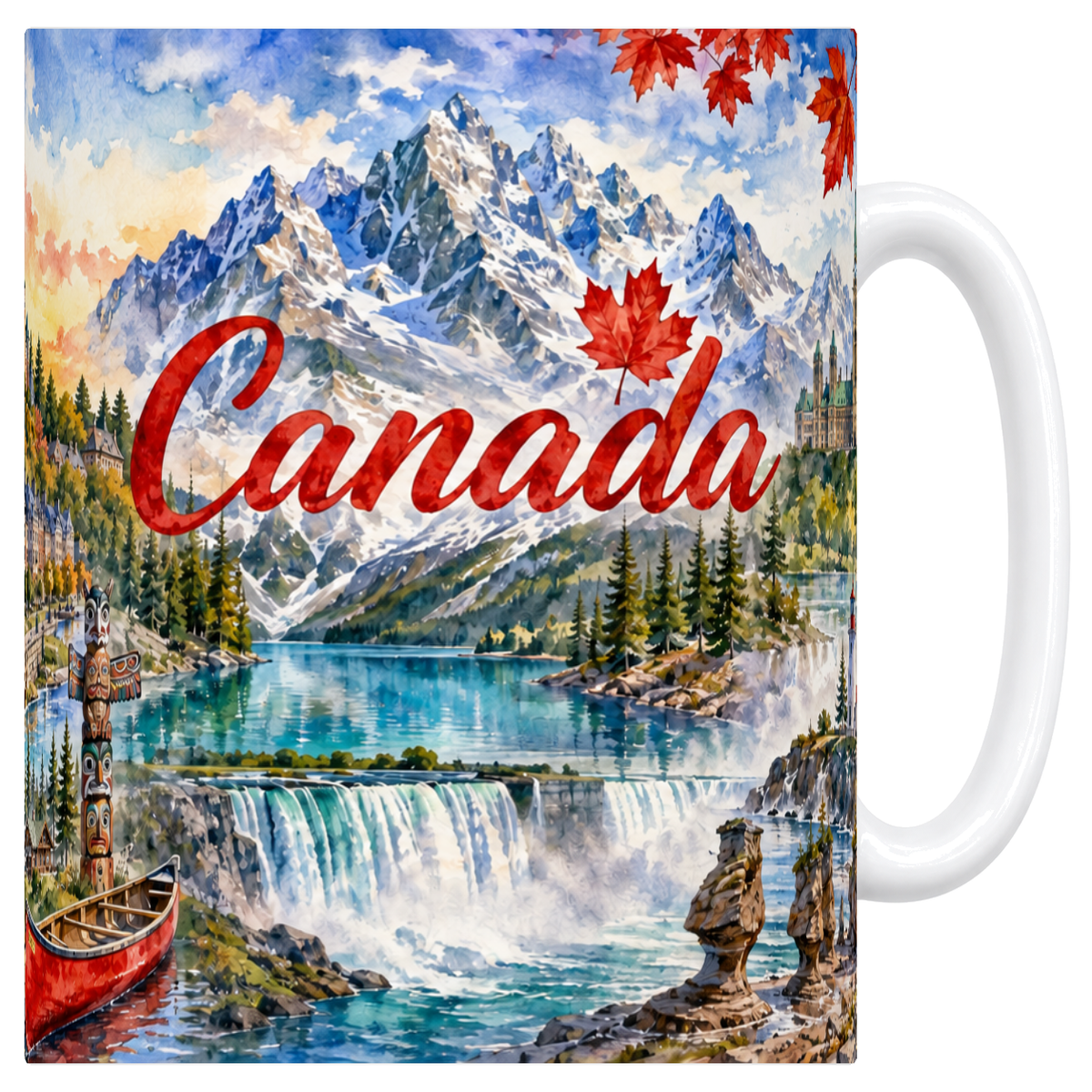 Mug blanc en céramique 330 ml illustré d'un panorama aquarelle du Canada