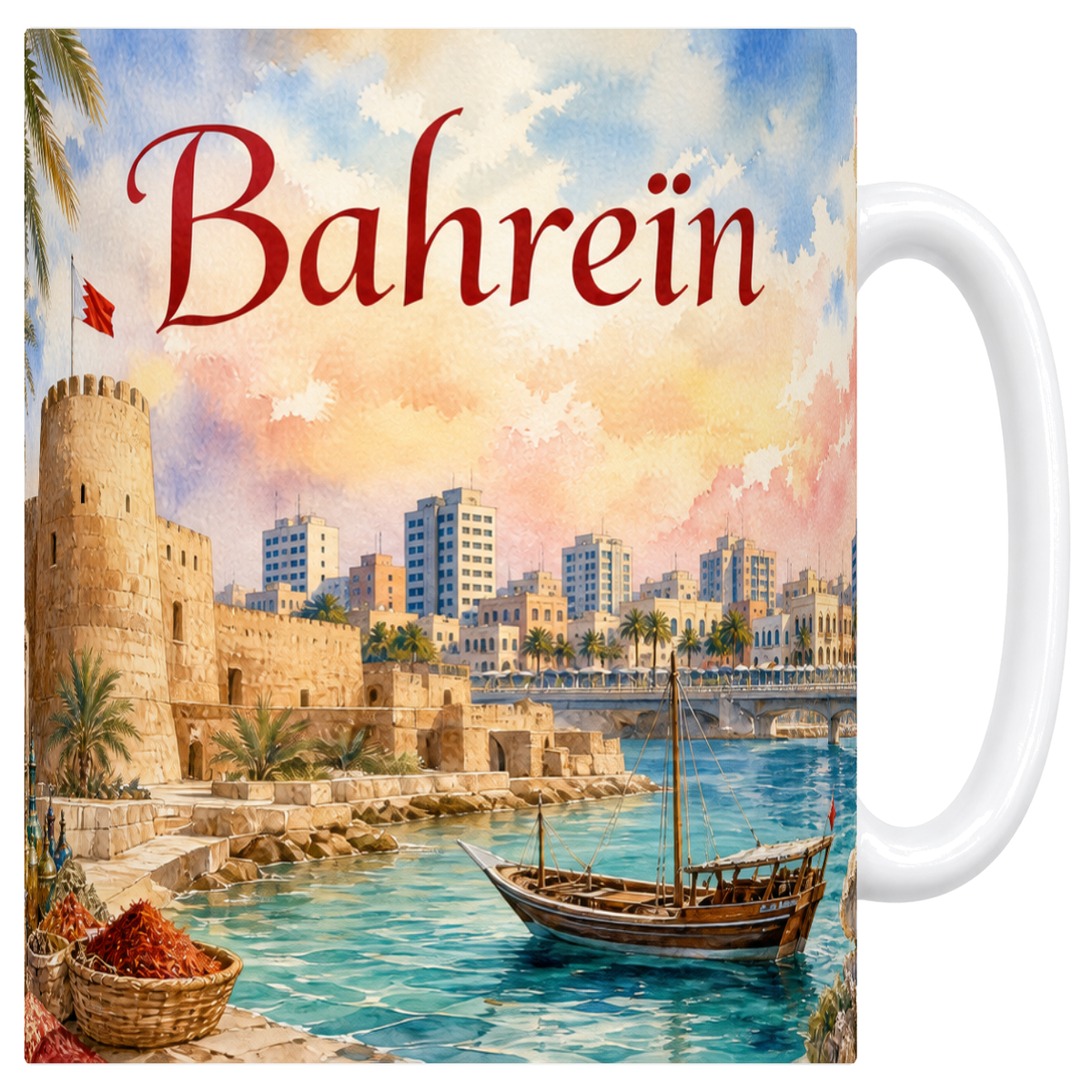 Mug blanc en céramique 330 ml illustré d'un panorama aquarelle de Bahreïn