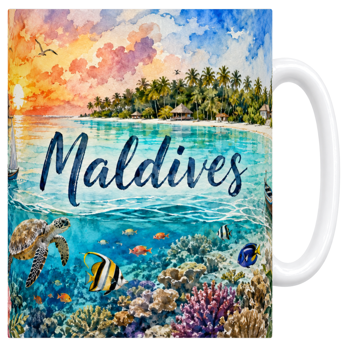 Mug blanc en céramique 330 ml illustré d'un panorama aquarelle des Maldives