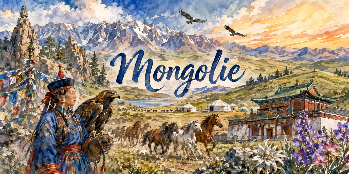 Panorama de Mongolie à l'aquarelle : le nom Mongolie en calligraphie bleue, un cairn à banderoles de prière et une femme en robe bleue portant un aigle royal à gauche, une steppe vallonnée, des chevaux au galop et un campement de yourtes au centre, un temple à toits rouges, des edelweiss et des fleurs violettes à droite