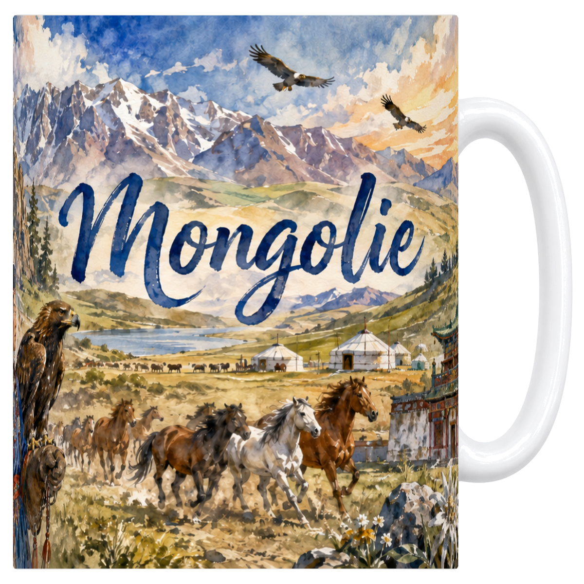 Mug blanc en céramique 330 ml illustré d'un panorama aquarelle de la Mongolie