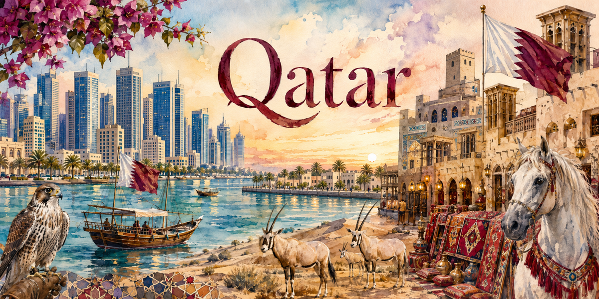 Aquarelle du Qatar : le nom en calligraphie bordeaux, la ligne de gratte-ciel et la baie à gauche, un faucon perché, un boutre de bois sur la plage, des oryx blancs au centre, une architecture traditionnelle à tours à vent et le drapeau qatari à droite, un cheval arabe harnaché et des tapis