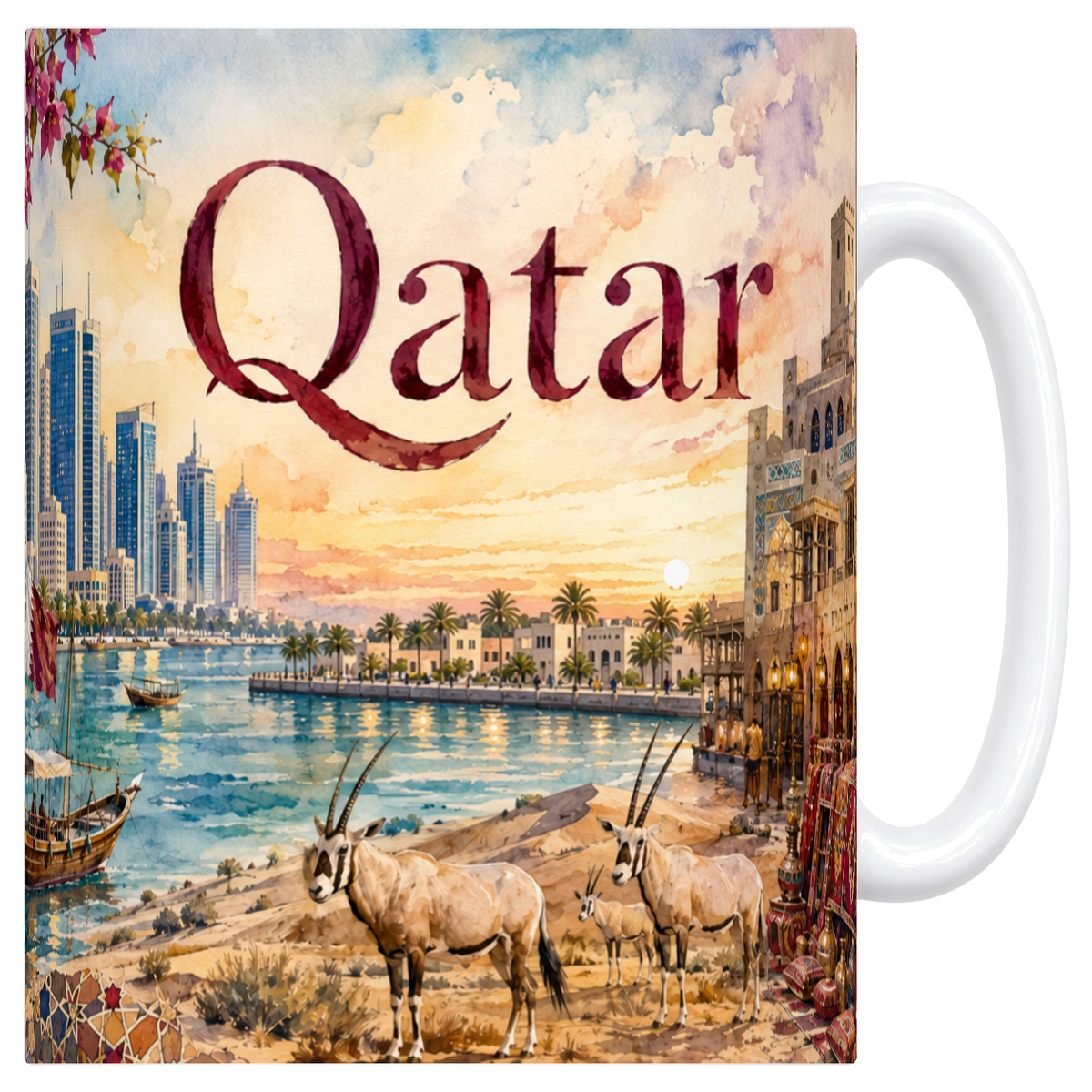 Mug blanc en céramique 330 ml illustré d'une aquarelle du Qatar