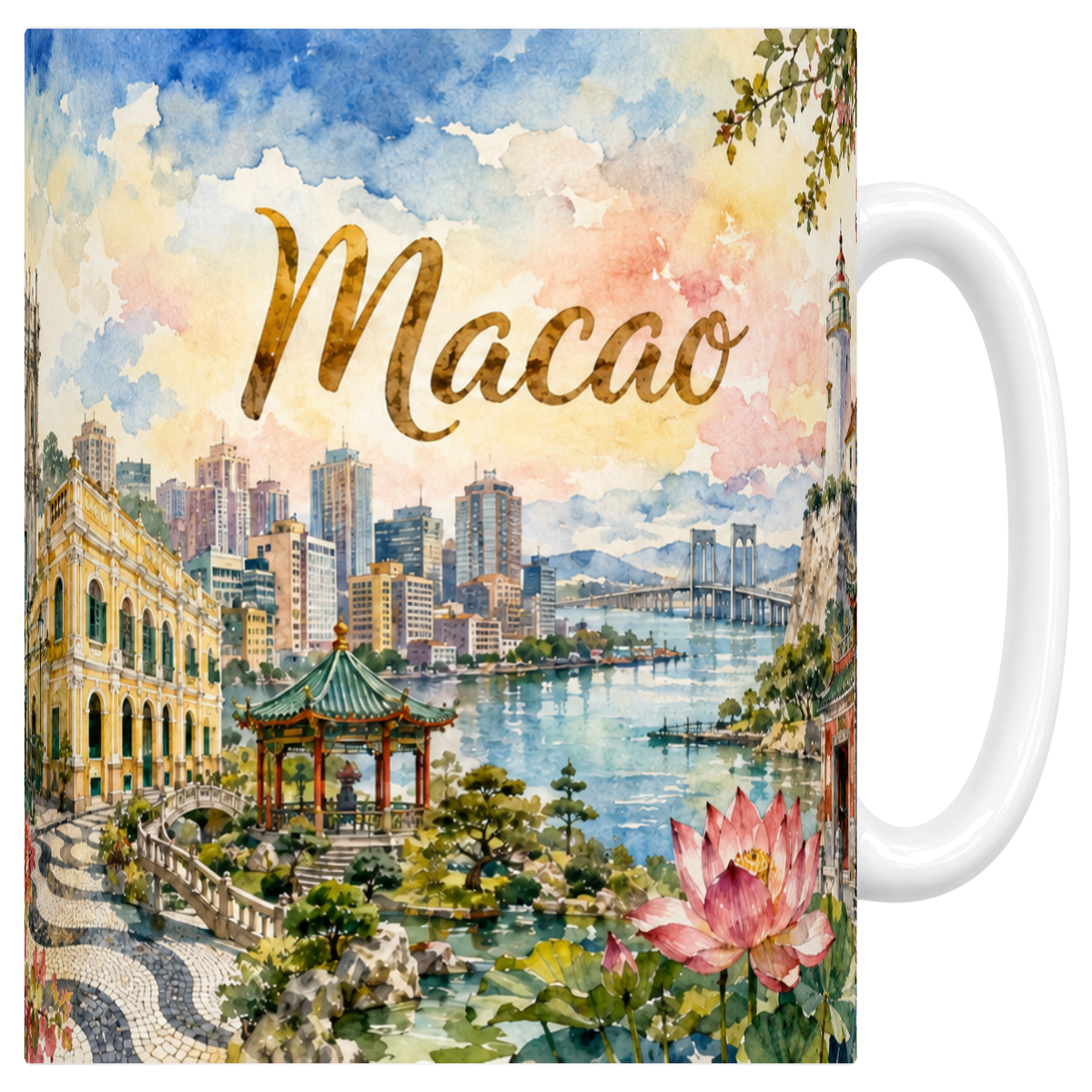 Mug blanc en céramique 330 ml illustré d'un panorama aquarelle de Macao