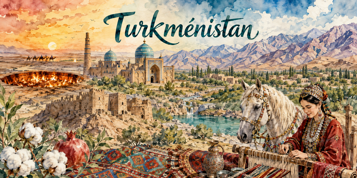Aquarelle du Turkménistan : le nom en calligraphie verte, un cratère en feu dans le désert à gauche, les ruines d'une cité de terre et ses coupoles turquoise au centre, une oasis et sa rivière, les montagnes au fond, un cheval akhal-téké harnaché, une femme en habit traditionnel devant son métier à tisser, des tapis, des grenades et du coton au premier plan