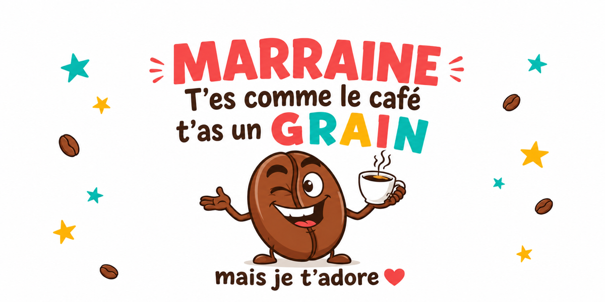 Visuel Marraine humour : MARRAINE en lettres corail, grain de café à la tasse et étoiles