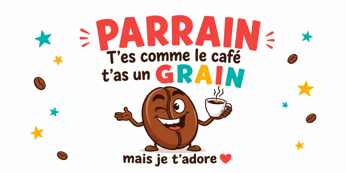 Visuel Parrain humour : PARRAIN en lettres corail, grain de café à la tasse, étoiles et grains
