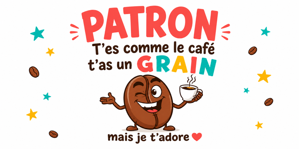 Visuel Patron humour : PATRON en lettres corail, grain de café à la tasse, étoiles et grains