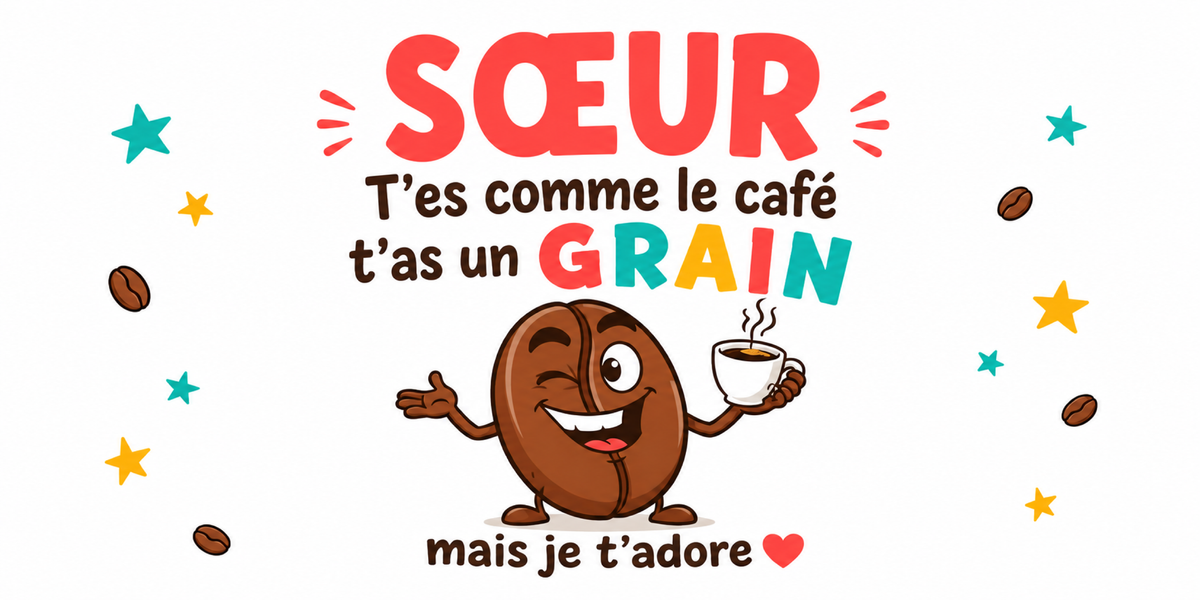 Visuel Sœur humour : SŒUR en lettres corail, grain de café à la tasse, étoiles et grains