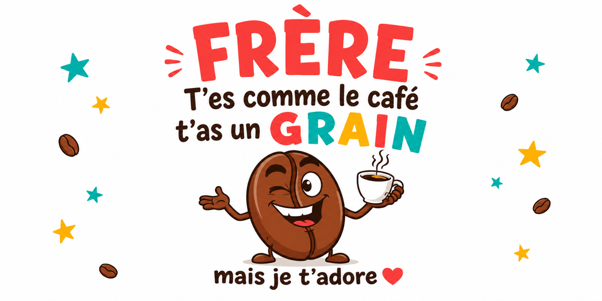 Visuel Frère humour : FRÈRE en lettres corail, grain de café à la tasse, étoiles et grains
