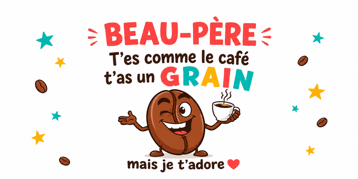 Visuel Beau-Père humour : BEAU-PÈRE en lettres corail, grain de café à la tasse et étoiles