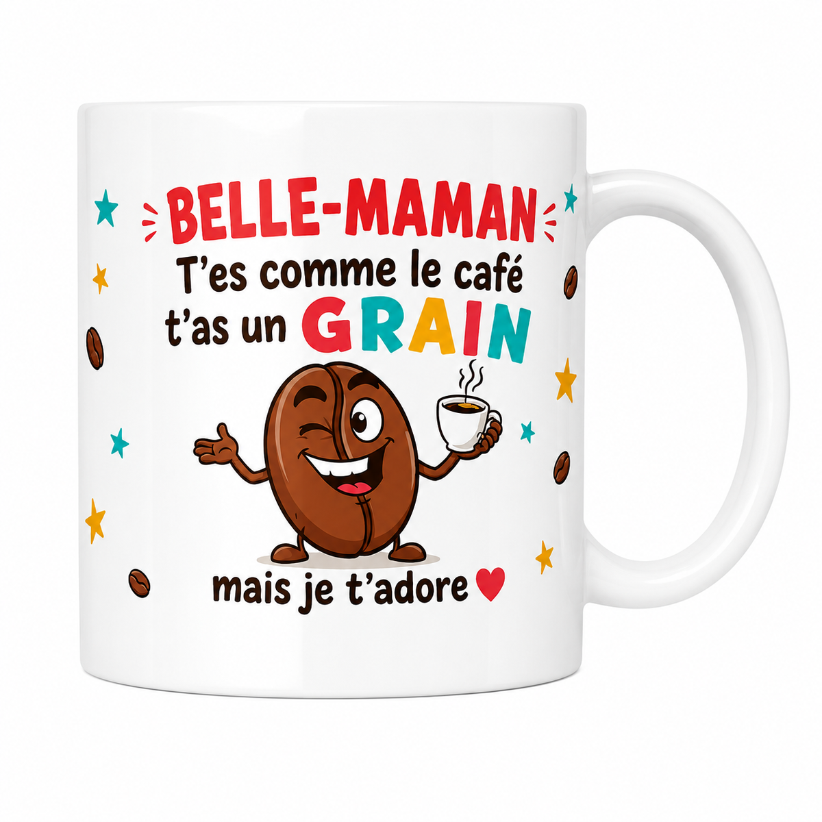 Mug céramique 330 ml Belle-Maman humour : grain de café cartoon et « t'as un grain »