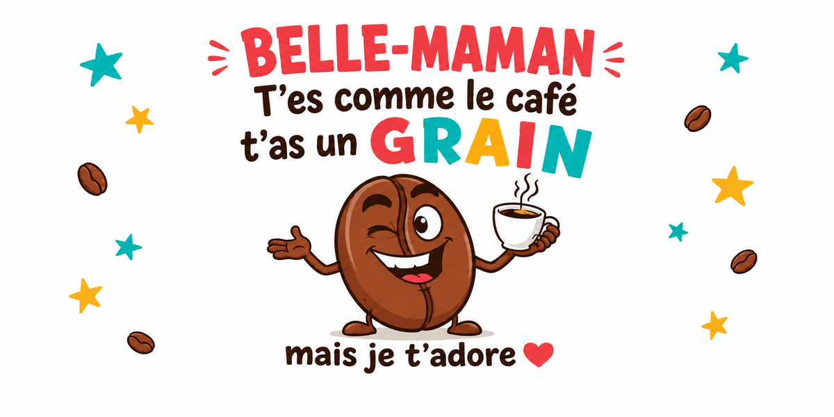 Illustration humoristique : un grain de café souriant fait un clin d'œil et tend une tasse fumante, entouré d'étoiles colorées et de grains de café, avec le texte « Belle-maman, t'es comme le café, t'as un grain, mais je t'adore »