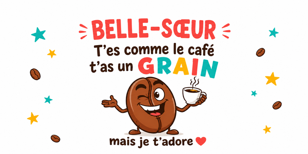 Visuel Belle-Sœur humour : BELLE-SŒUR en lettres corail, grain de café à la tasse et étoiles