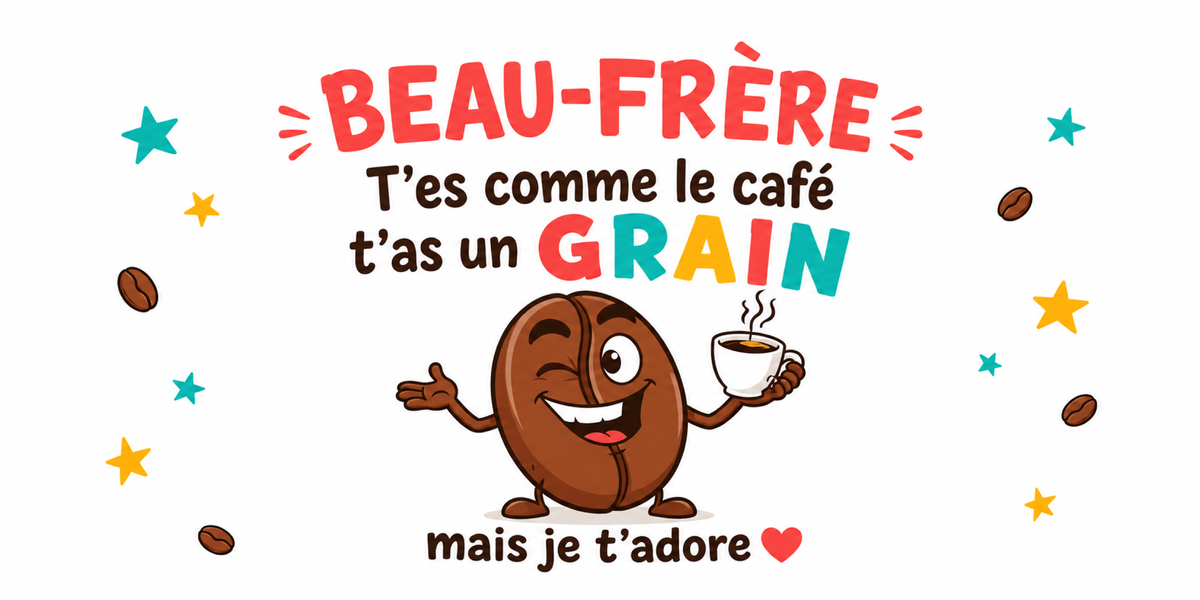 Visuel Beau-Frère humour : BEAU-FRÈRE en lettres corail, grain de café à la tasse et étoiles
