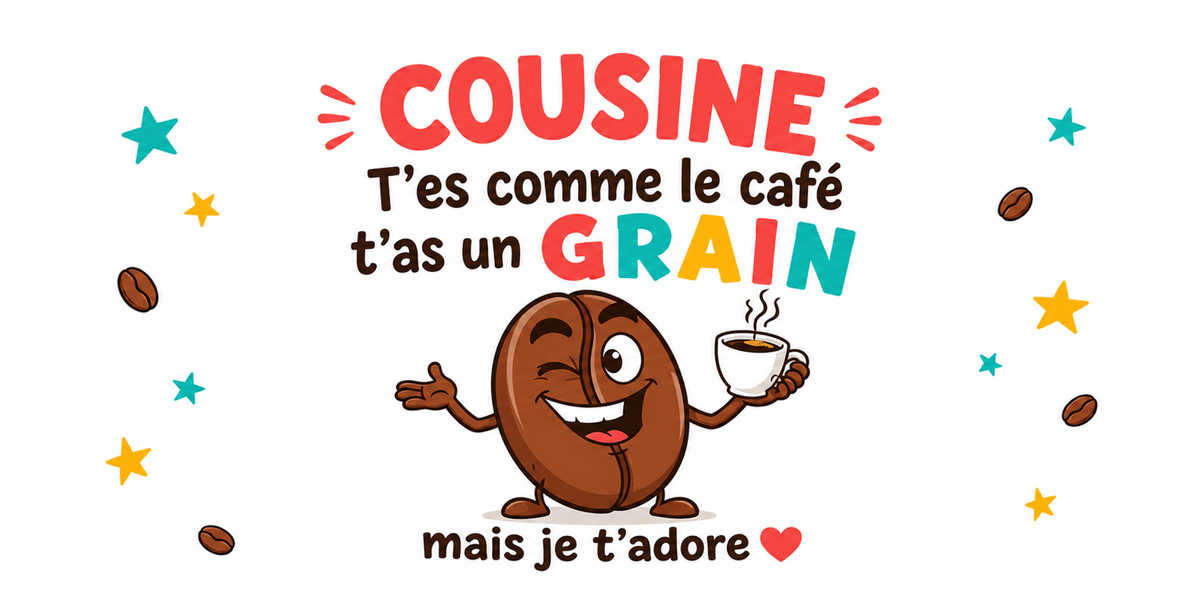 Visuel Cousine humour : COUSINE en lettres corail, grain de café à la tasse, étoiles et grains