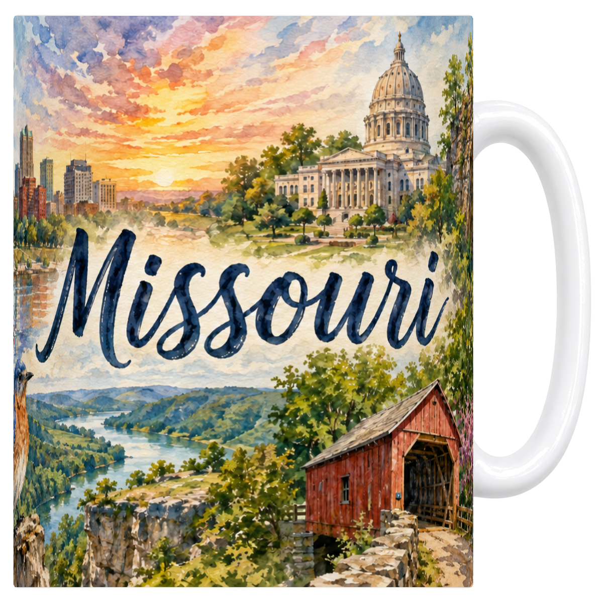Mug blanc en céramique 330 ml illustré d'un panorama aquarelle du Missouri