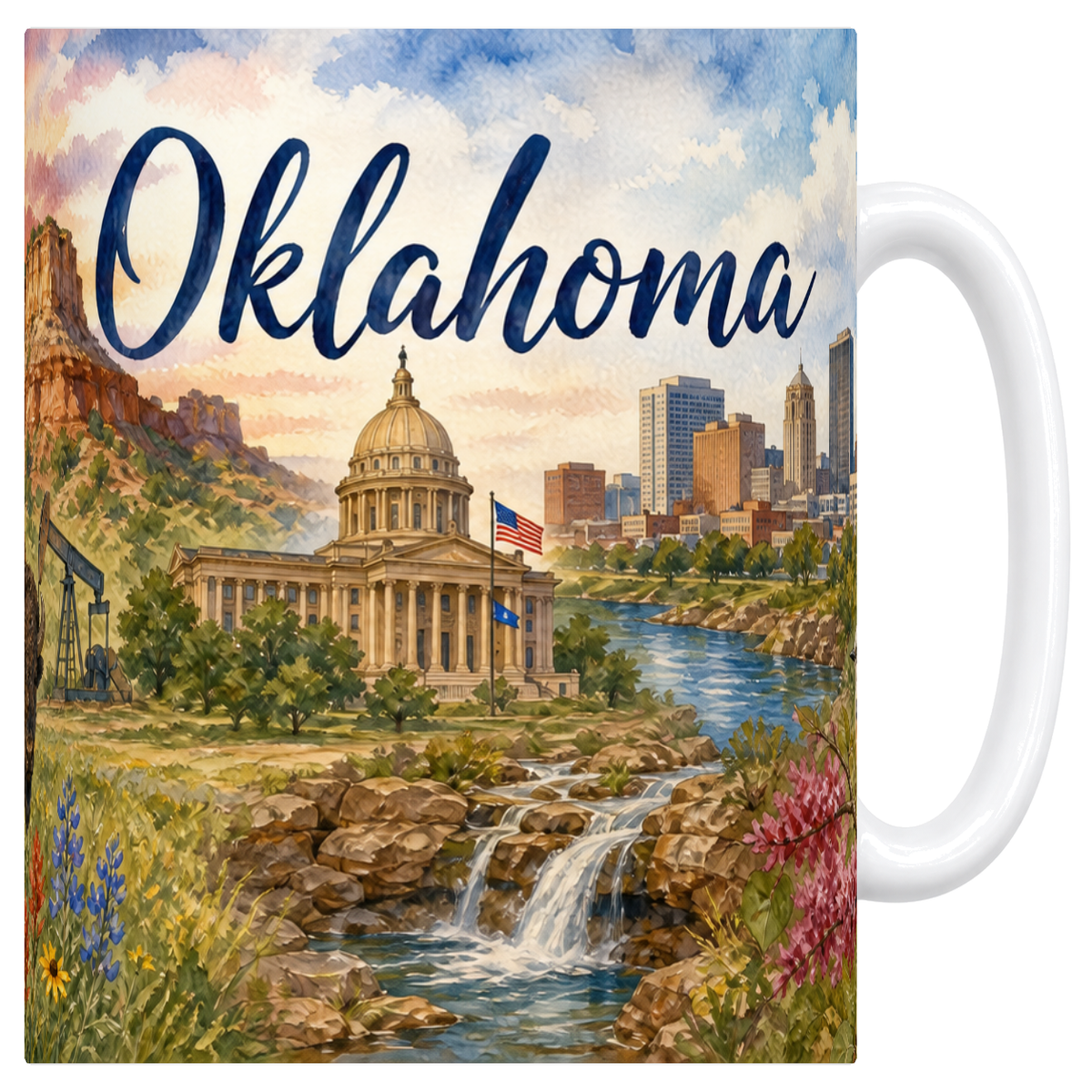 Mug blanc en ceramique 330 ml illustre d'une aquarelle de l'Oklahoma