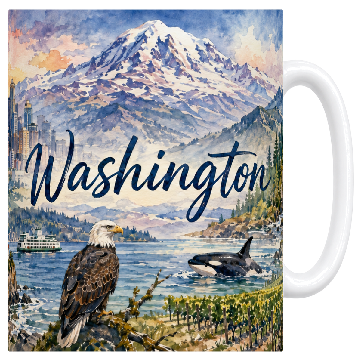 Mug blanc en céramique 330 ml illustré d'une aquarelle de l'État de Washington