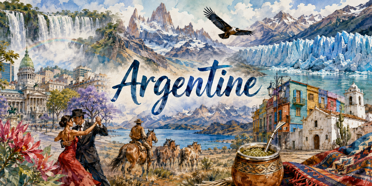 Panorama d'Argentine à l'aquarelle : le nom Argentine en calligraphie bleue, des chutes d'eau en forêt tropicale à gauche, un condor, des pics andins et un glacier au centre, un couple de danseurs de tango, des cavaliers, une église blanche et une calebasse à maté à droite