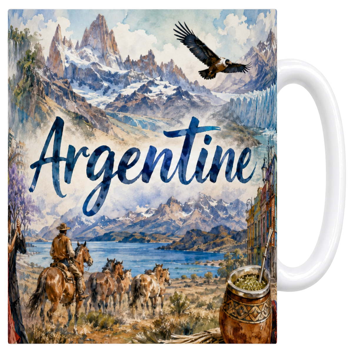 Mug blanc en céramique 330 ml illustré d'un panorama aquarelle de l'Argentine
