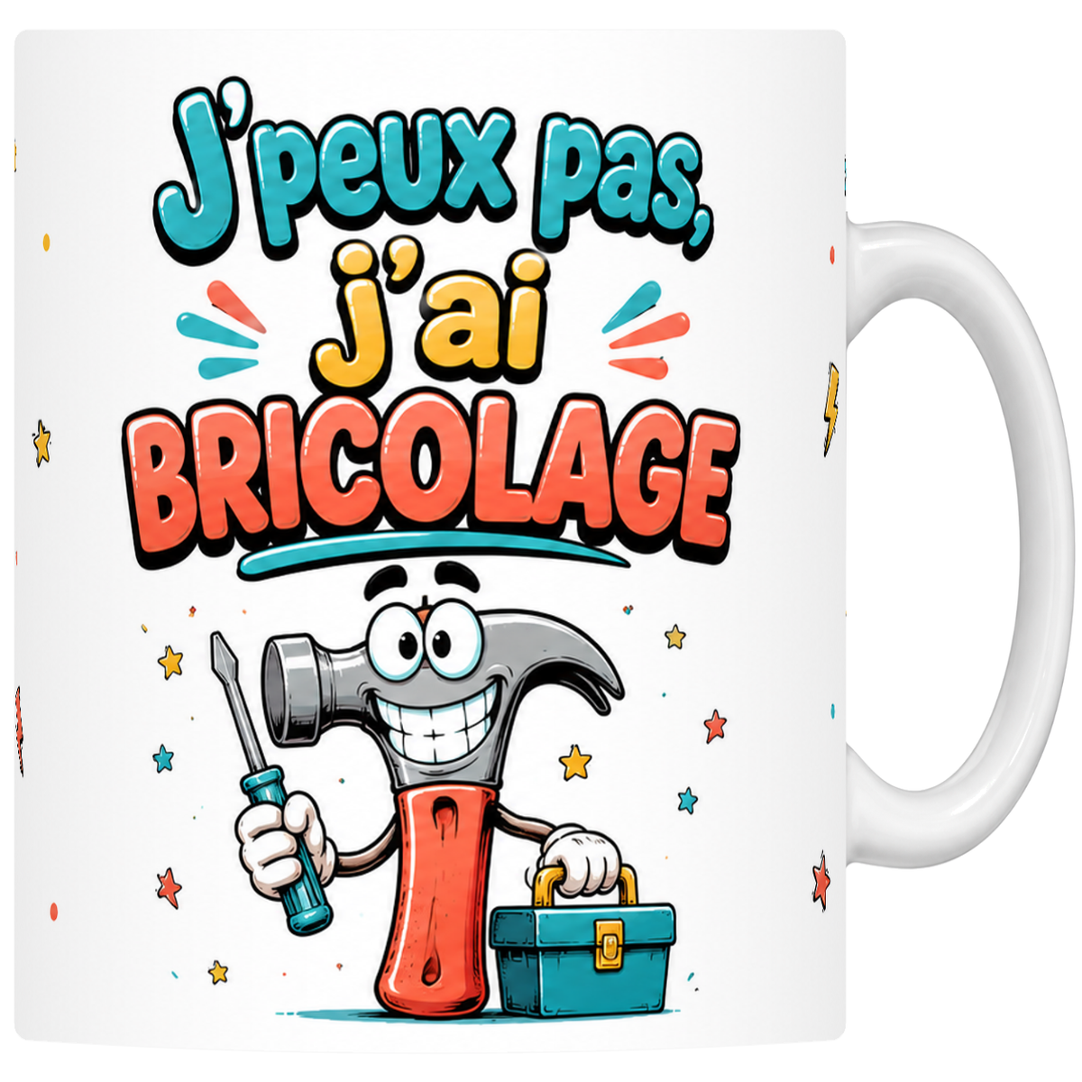 Mug céramique 330 ml « J'peux pas j'ai bricolage » : marteau mascotte et caisse à outils