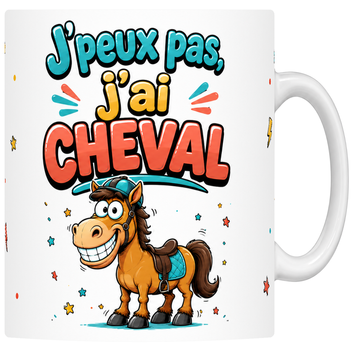 Mug céramique 330 ml « J'peux pas j'ai cheval » : cheval mascotte sellé en turquoise
