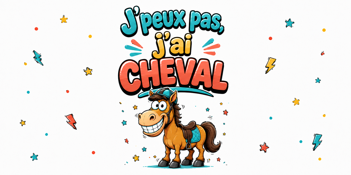 Visuel « J'peux pas, j'ai cheval » : cheval bai souriant, selle et bride turquoise