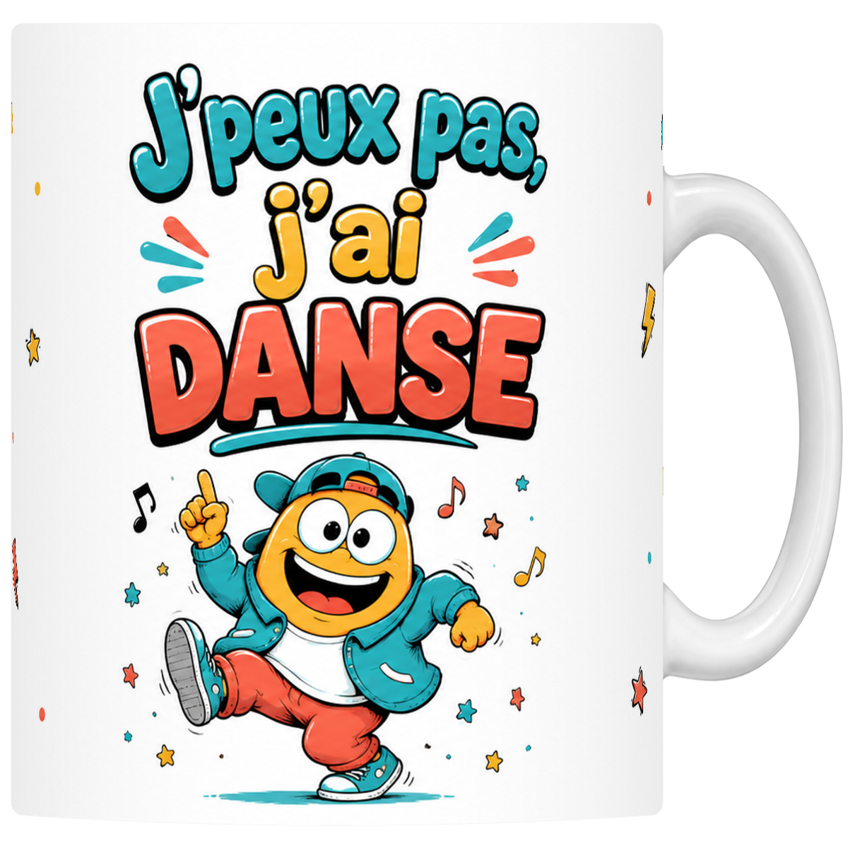 Mug céramique 330 ml « J'peux pas j'ai danse » : danseur mascotte et notes de musique