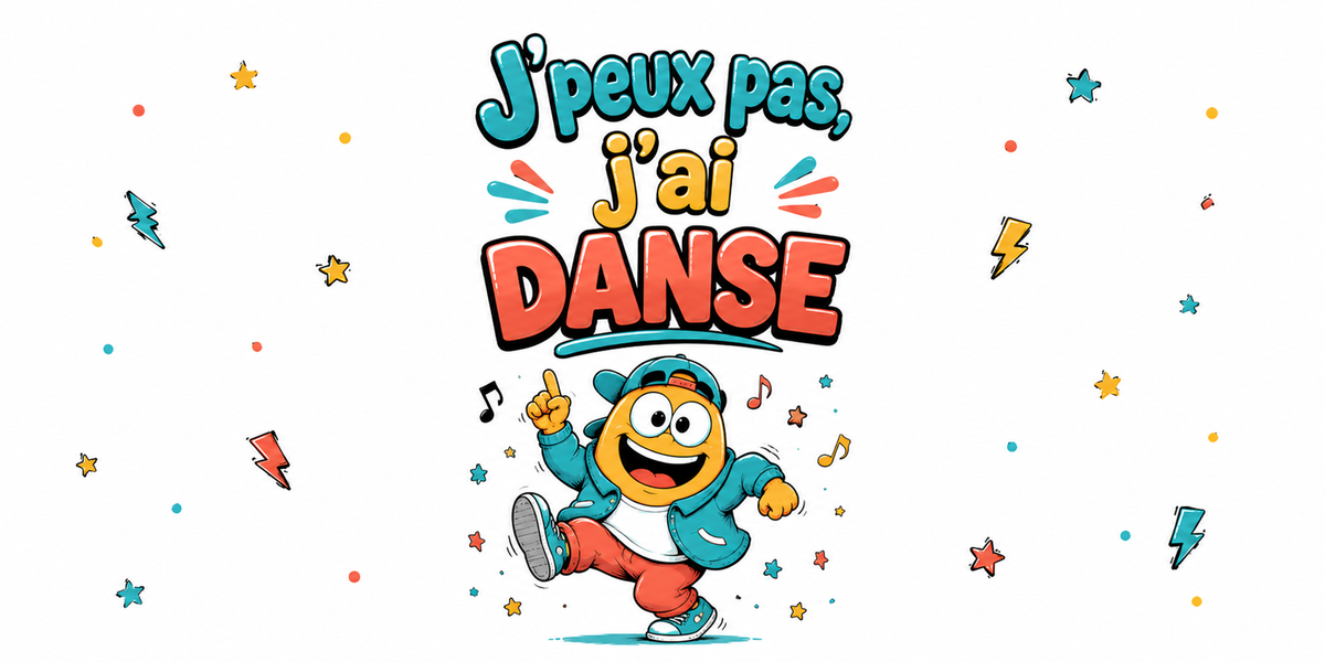 Visuel « J'peux pas, j'ai danse » : danseur en survêtement bleu et jaune, casquette, notes