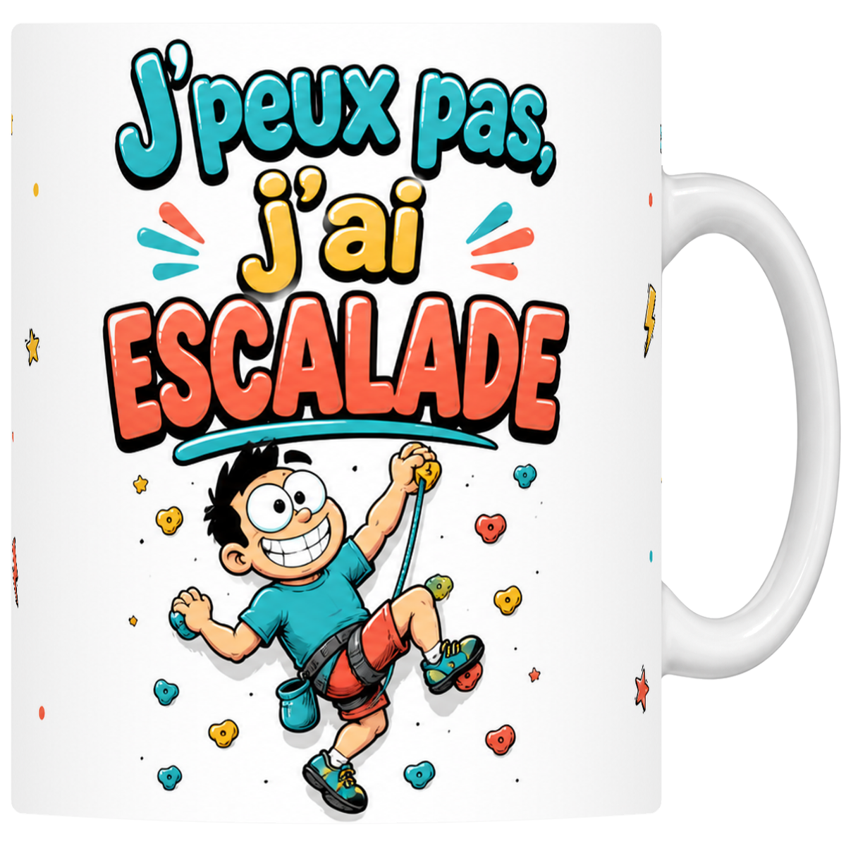 Mug céramique 330 ml « J'peux pas j'ai escalade » : grimpeur mascotte en baudrier