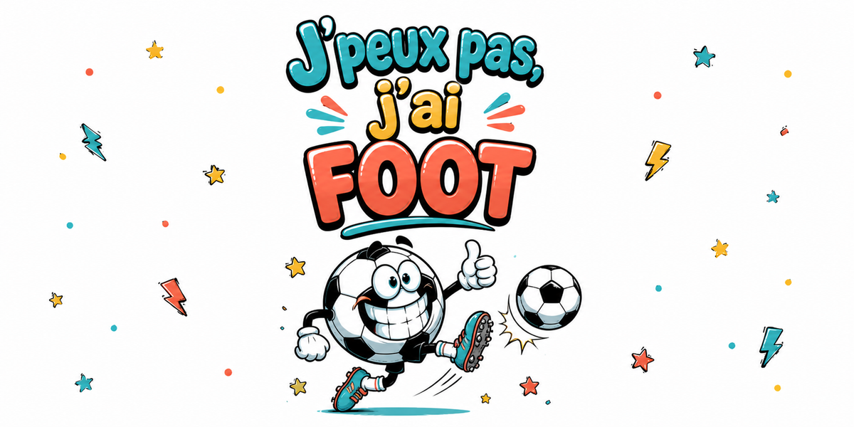 Visuel « J'peux pas, j'ai foot » : ballon souriant à crampons frappant un second ballon