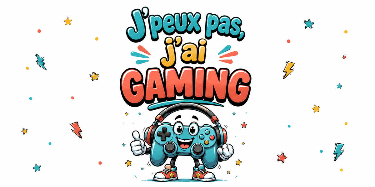 Visuel « J'peux pas, j'ai gaming » : manette turquoise à casque audio, pouce levé