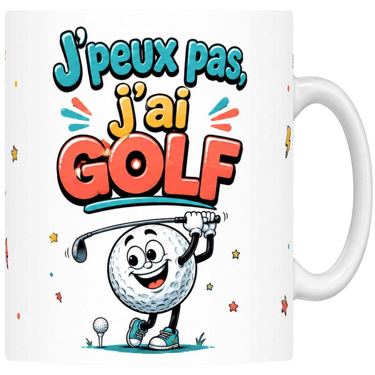 Mug céramique 330 ml « J'peux pas j'ai golf » : balle de golf mascotte avec son club