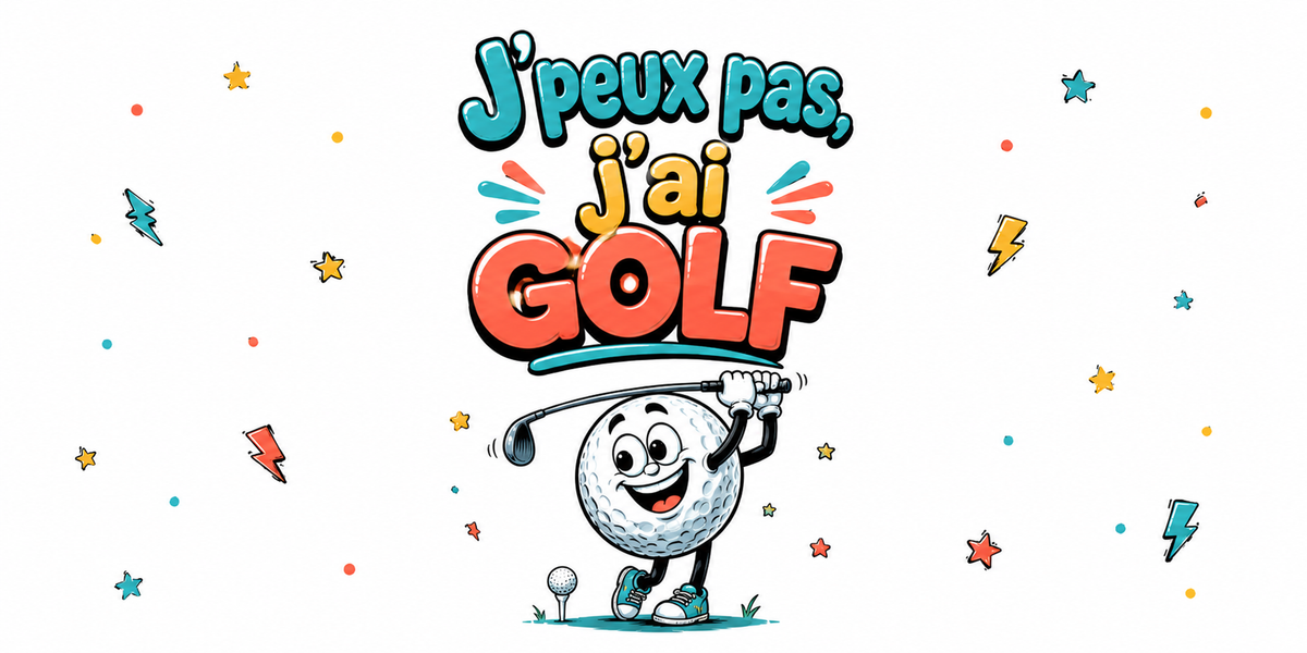 Visuel « J'peux pas, j'ai golf » : balle de golf souriante en fin de swing sur son tee