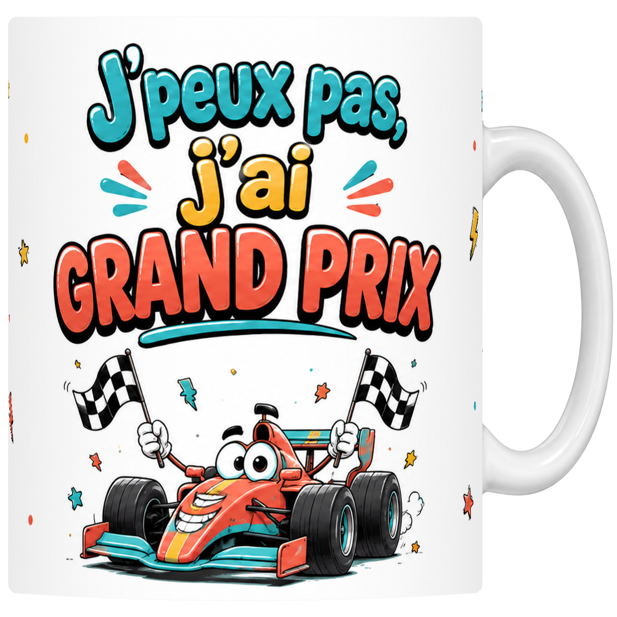 Mug céramique 330 ml « J'peux pas j'ai Grand Prix » : monoplace mascotte et damiers