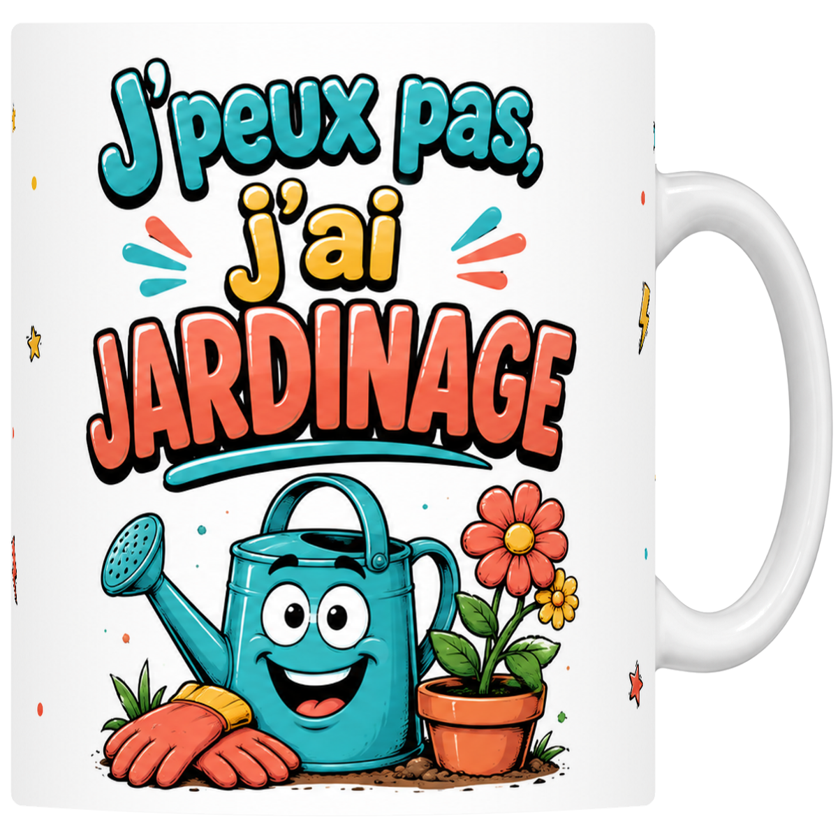 Mug céramique 330 ml « J'peux pas j'ai jardinage » : arrosoir mascotte et gants orange