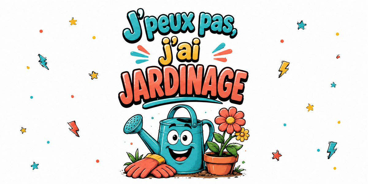Visuel « J'peux pas, j'ai jardinage » : arrosoir turquoise souriant, gants orange, pot de fleur
