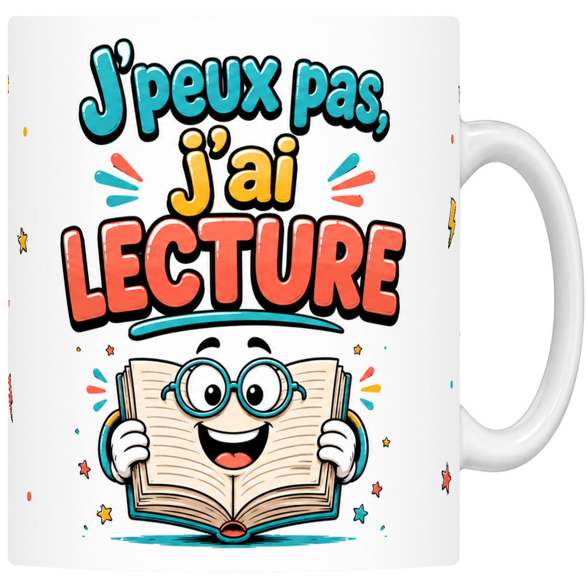 Mug céramique 330 ml « J'peux pas j'ai lecture » : livre ouvert mascotte à lunettes