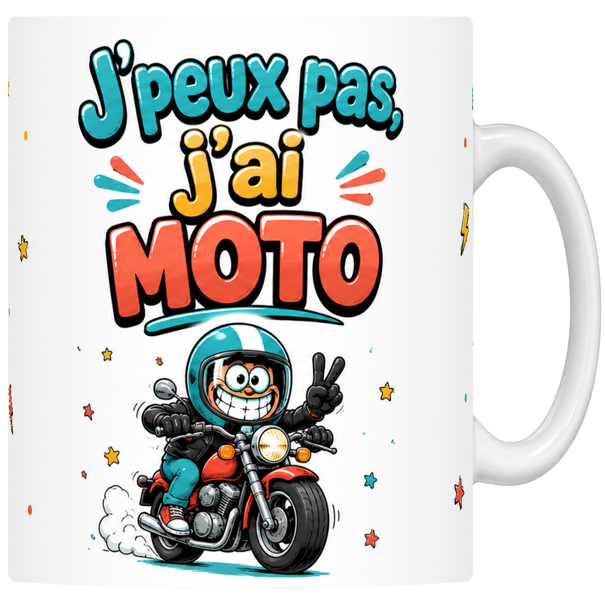 Mug céramique 330 ml « J'peux pas j'ai moto » : motard mascotte et salut à deux doigts