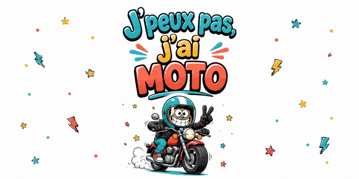 Visuel « J'peux pas, j'ai moto » : motard casqué sur sa machine, salut à deux doigts