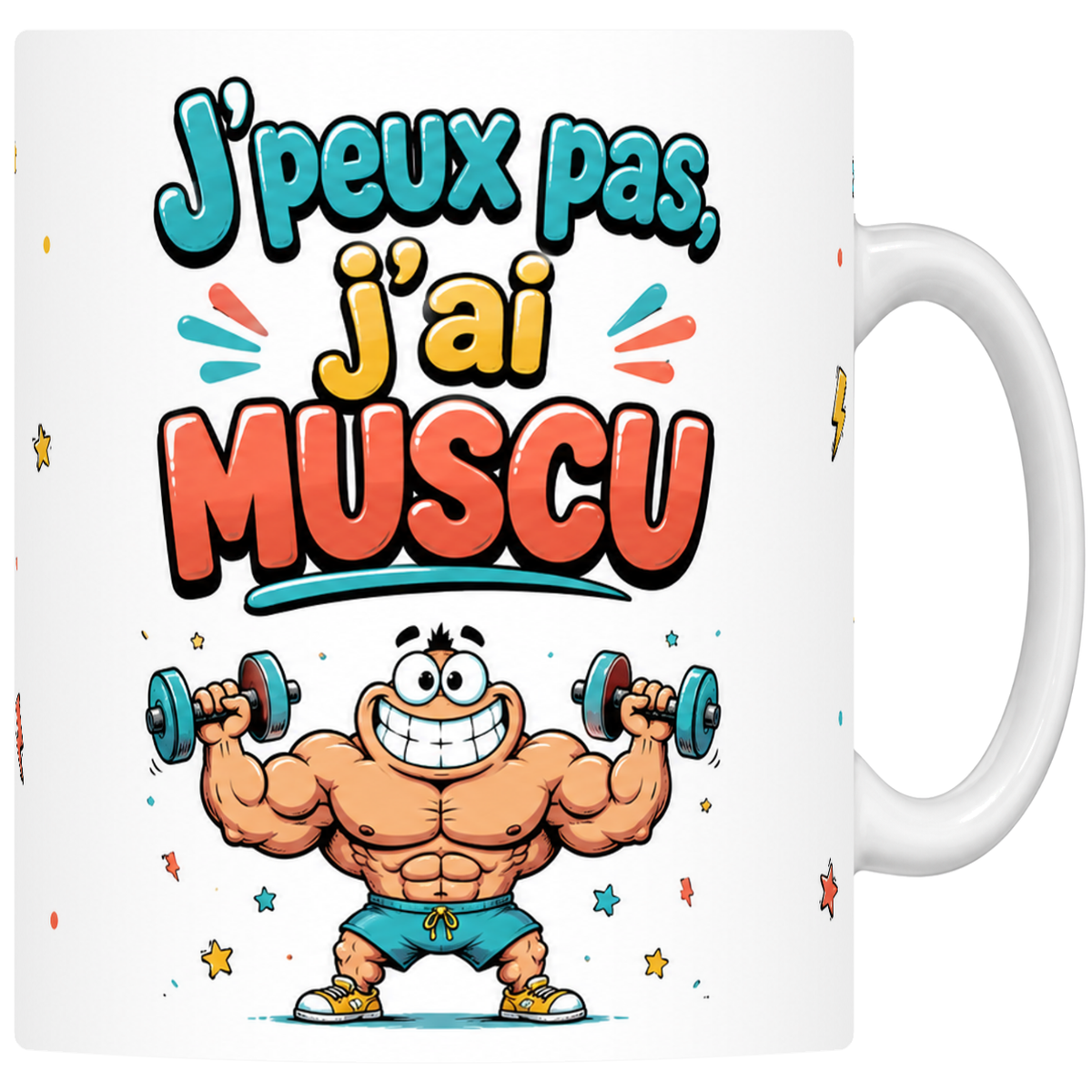 Mug céramique 330 ml « J'peux pas j'ai muscu » : culturiste mascotte et barre d'haltères