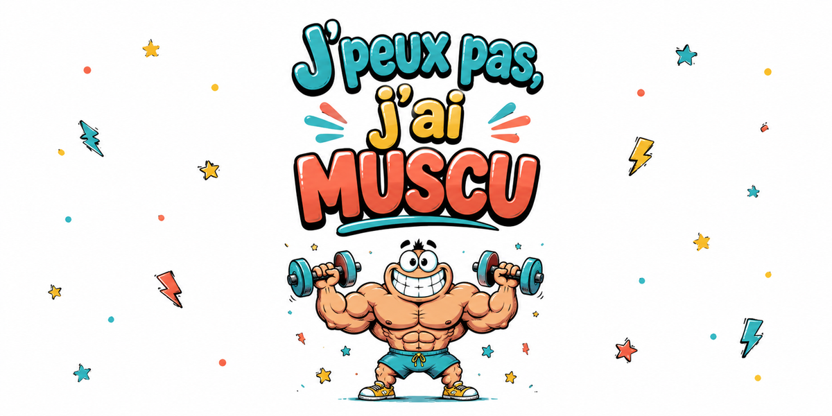 Visuel « J'peux pas, j'ai muscu » : culturiste en short turquoise soulevant une barre
