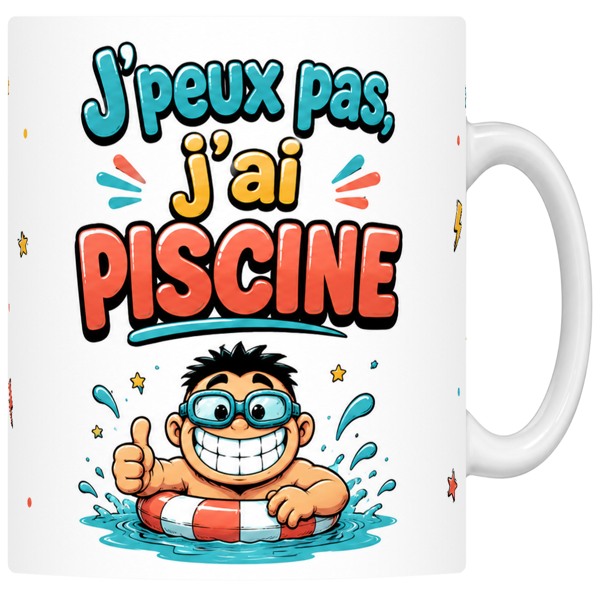 Mug céramique 330 ml « J'peux pas j'ai piscine » : nageur mascotte à lunettes et bouée