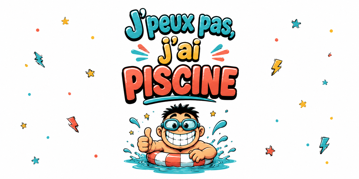 Visuel « J'peux pas, j'ai piscine » : nageur à lunettes dans sa bouée, éclaboussures
